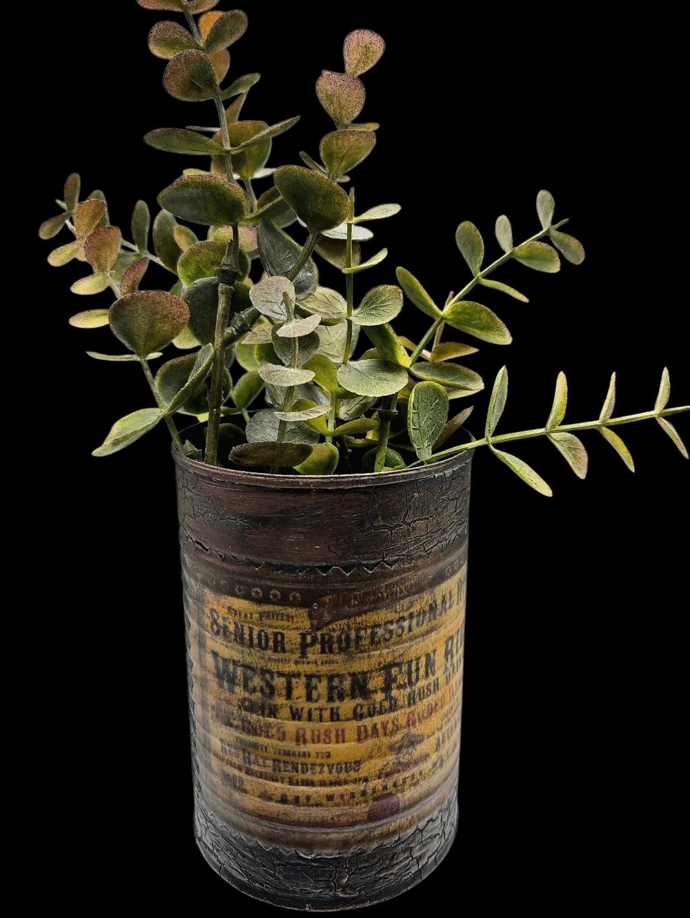 "5/$40" Upcycled Multipurpose Can Vintage Western W/Faux Euculyptus Greenery